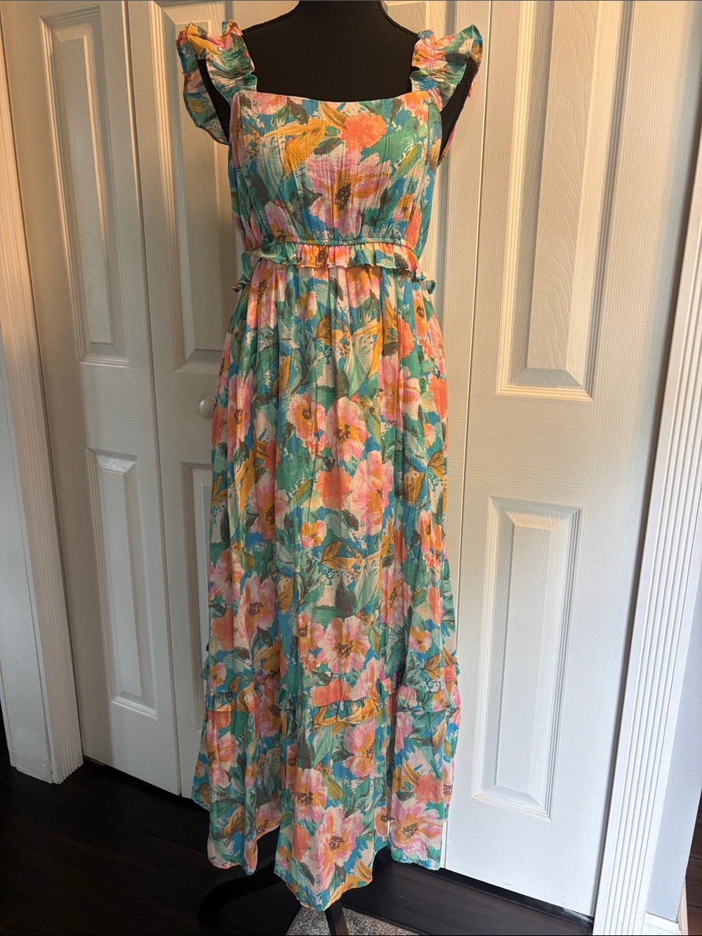 Floral Ruffle-Strap Maxi Dress in Teal and Coral NWT